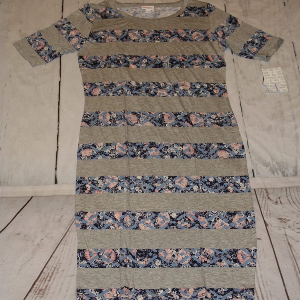 L LuLaRoe Julia Dress Gray and Floral Stripe NWT